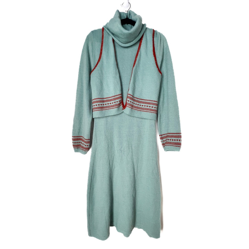 RARE VTG 70s Heritage Knit Wool Midi Sweater Dress With Vest Nordic Cottagecore - Picture 2 of 10